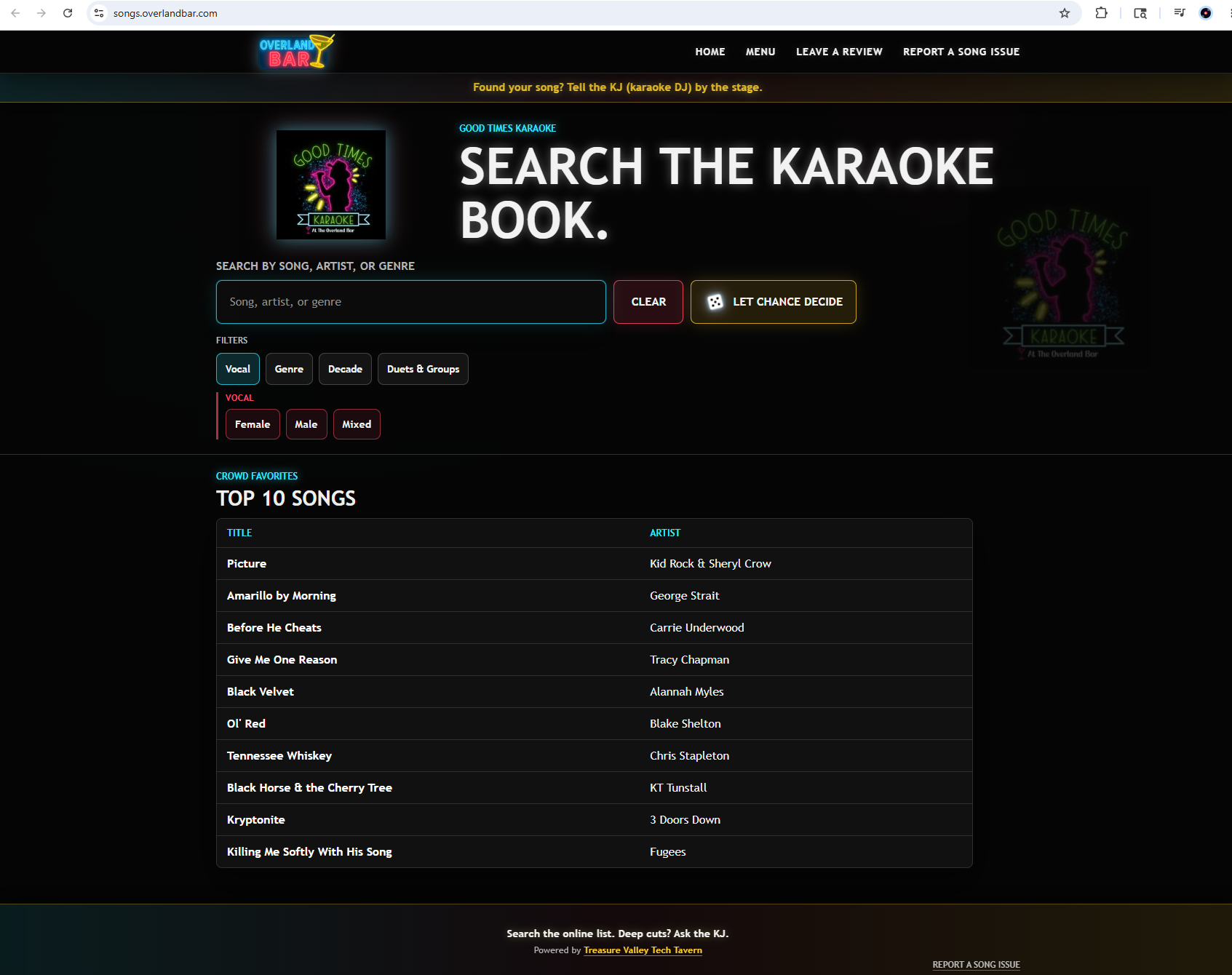 Overland Bar karaoke song list page